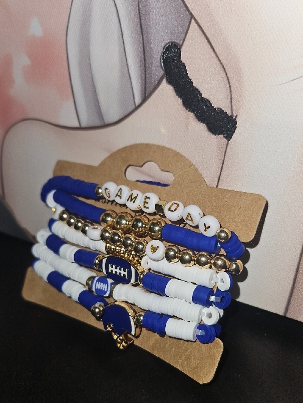 Game Day Blue & White Beaded Football Bracelet Stack New Without Tag - Picture 3 of 6